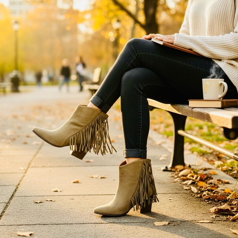JustFab Tan Fringe Ankle Booties